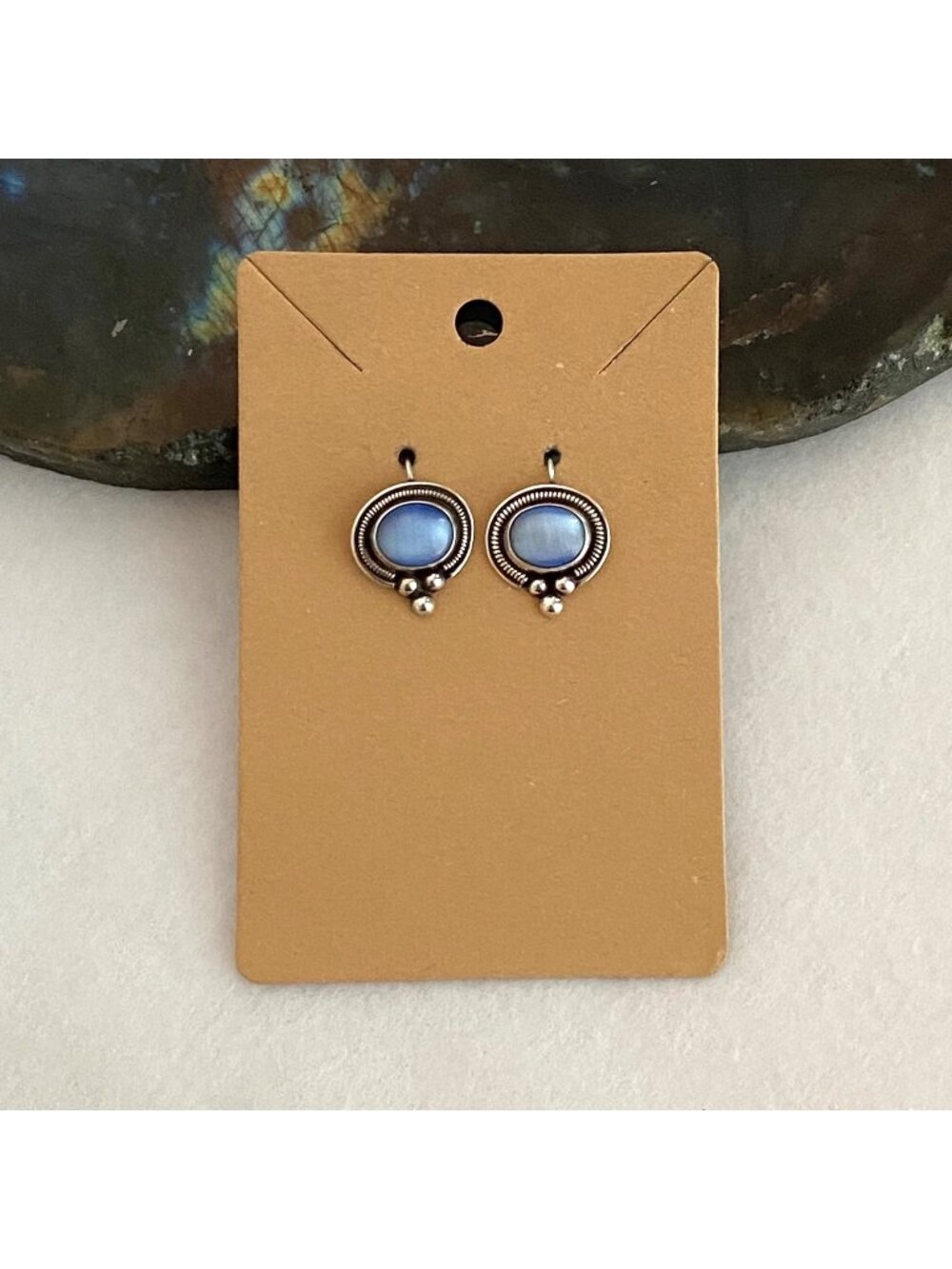 Sterling Silver 925 ATI MEXICO Blue Cats Eye Dangle Drop Earrings